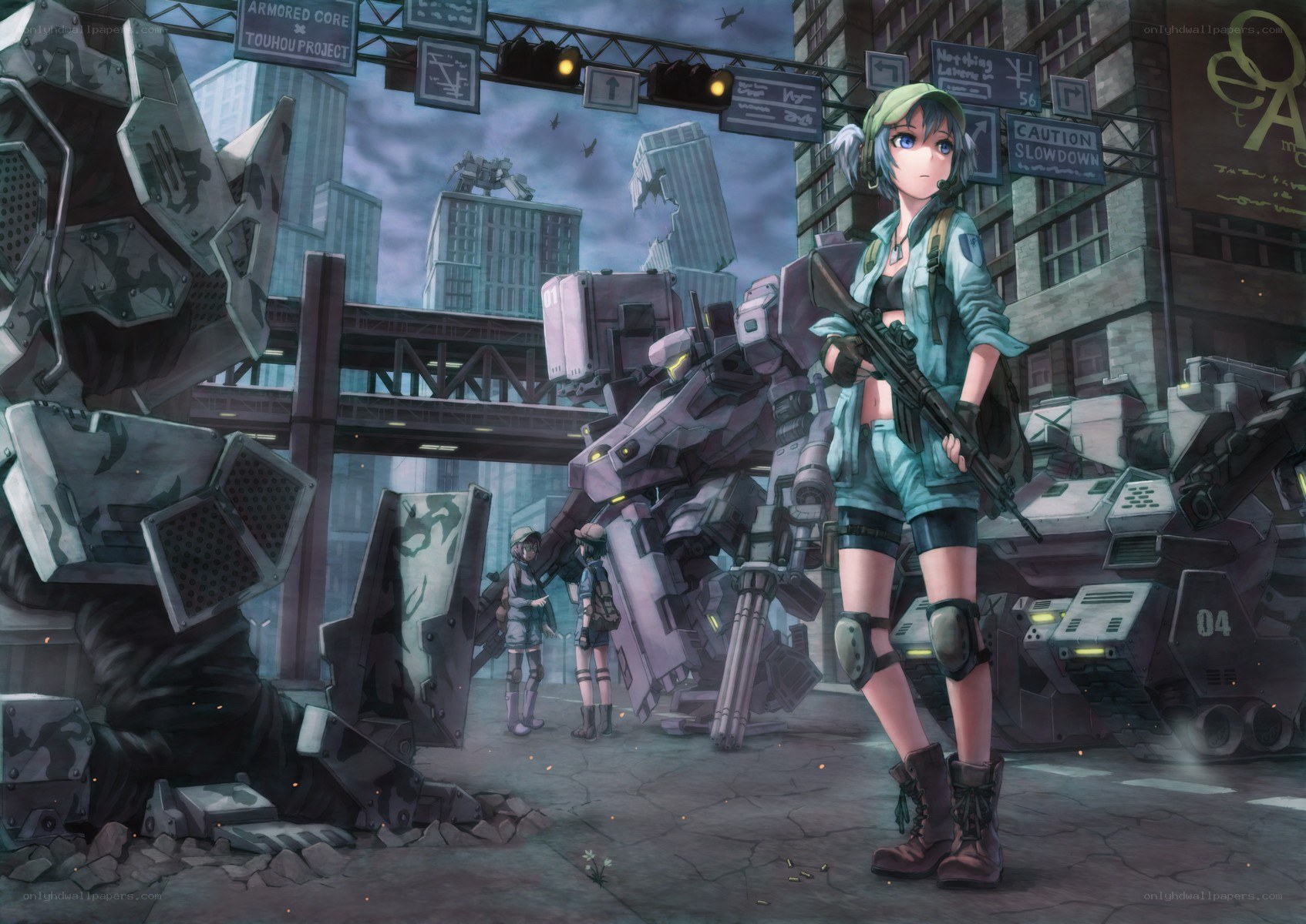 Anime soldier in war-torn city