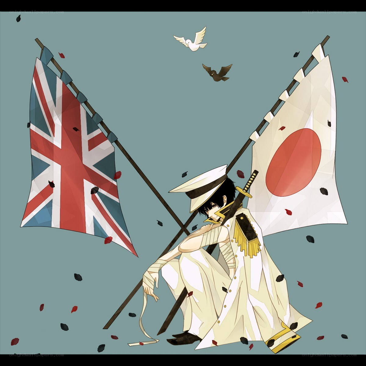 Anime soldier with flags