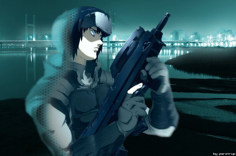 anime soldier with rifle at night