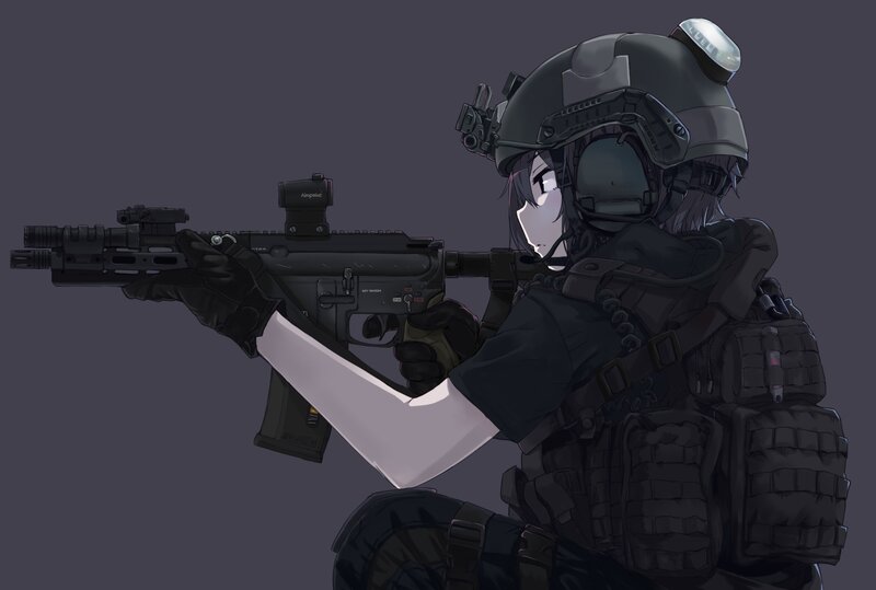 Anime Soldier with Rifle — Gray, Serious