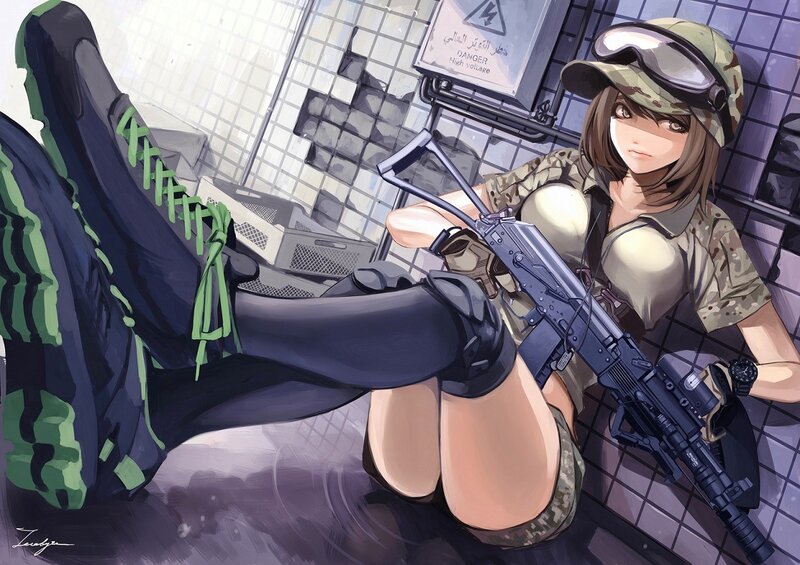Anime Soldier with Rifle — Green, Tense