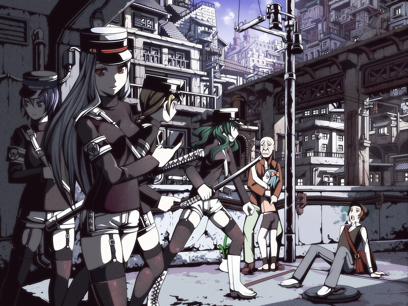 Anime soldiers in city street