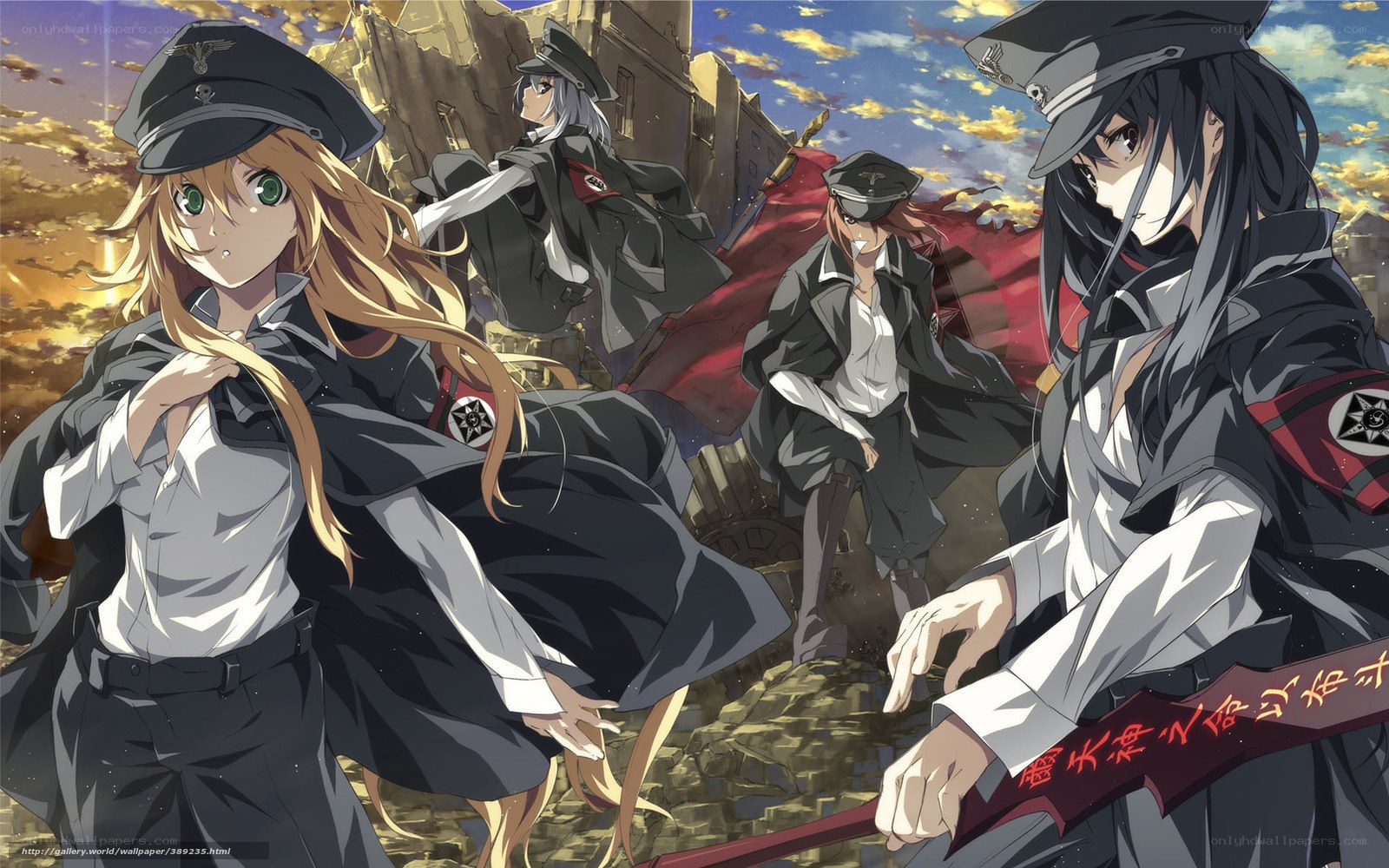 anime soldiers in war-torn city