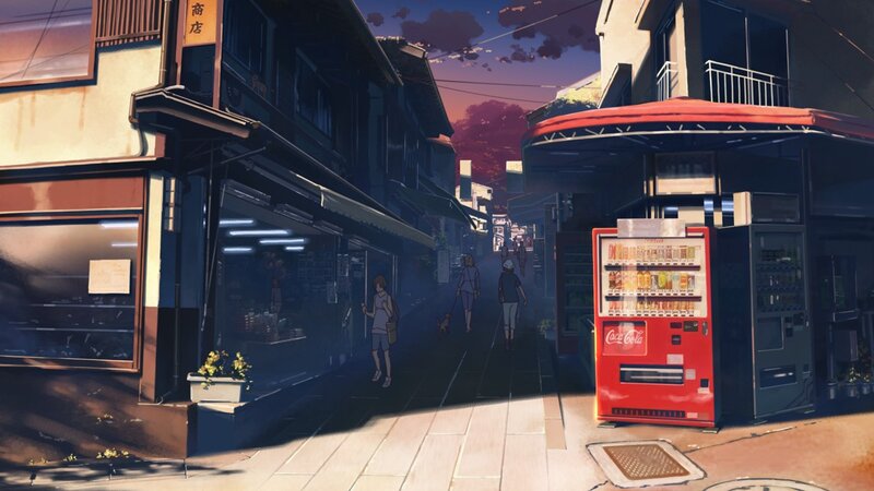 Anime street scene at dusk