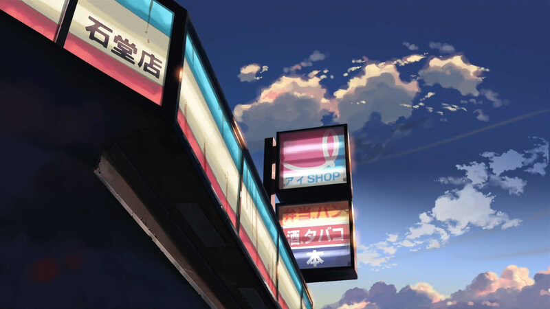 Anime street scene at dusk