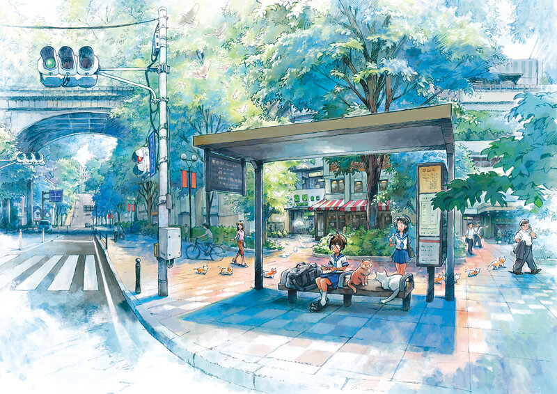 Anime street scene with cats