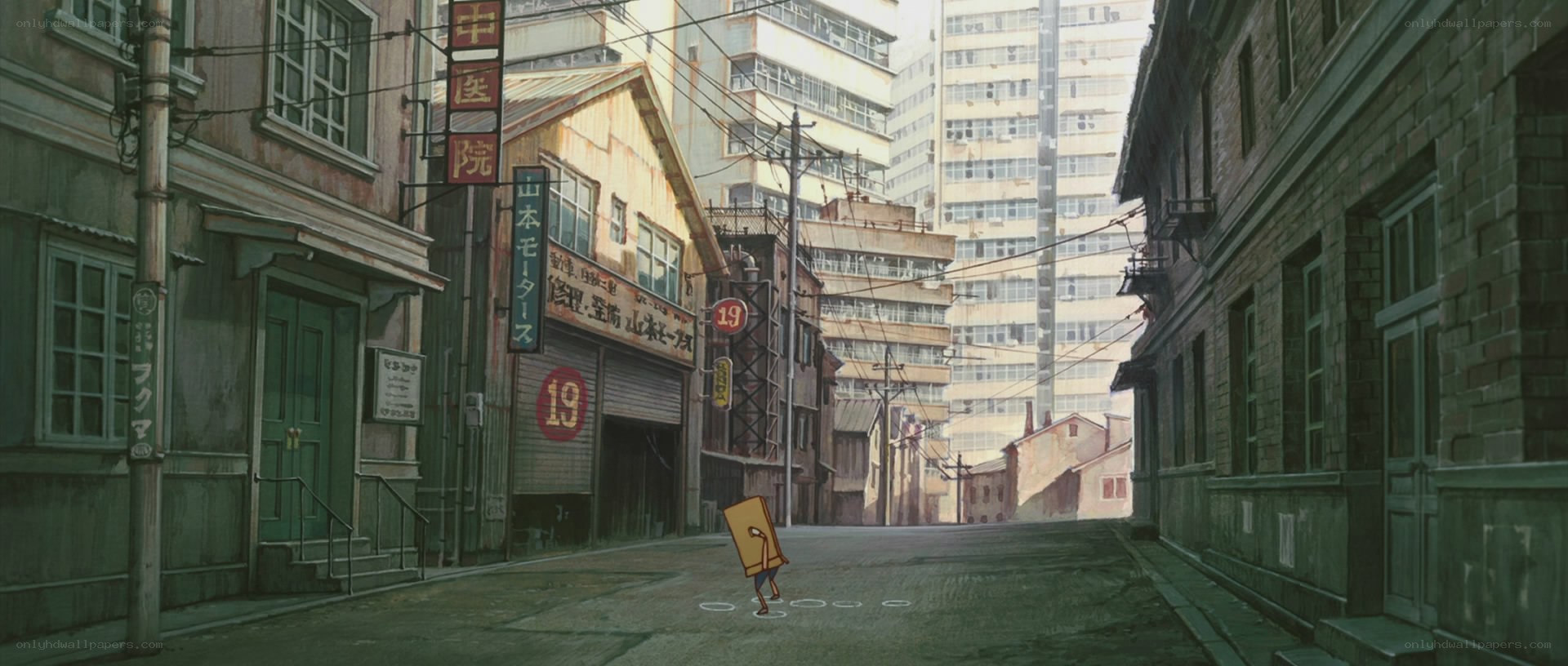 Anime street scene with character
