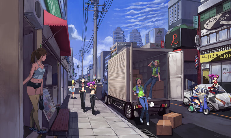 Anime street scene with delivery truck