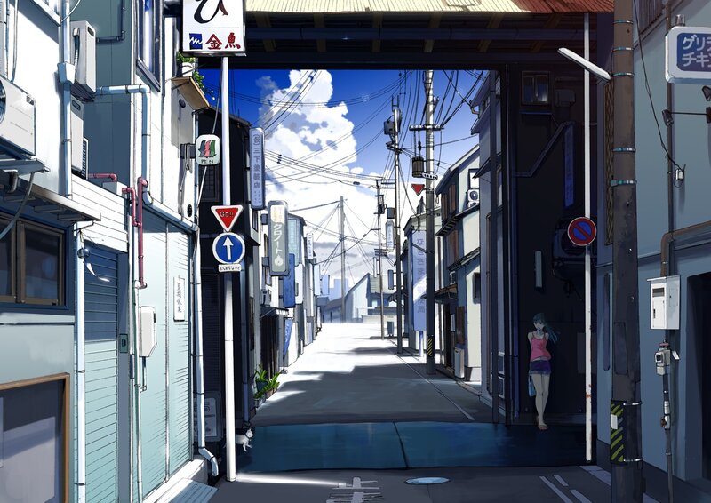 Anime street scene with girl