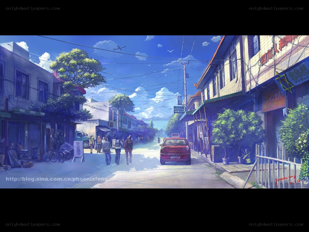 Anime street scene with red car