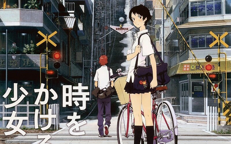 Anime street scene with students