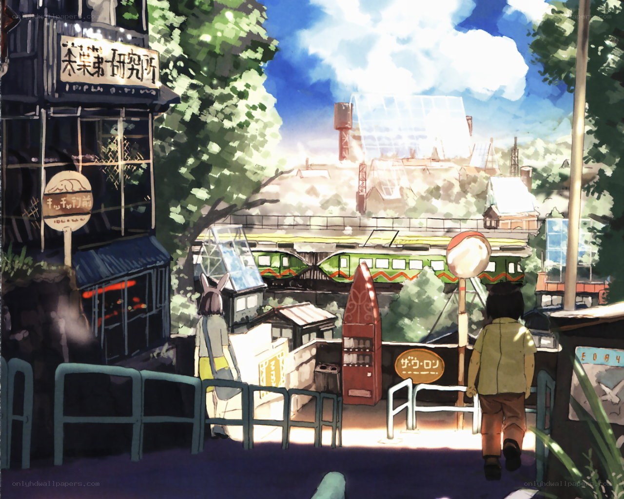 Anime street scene with train