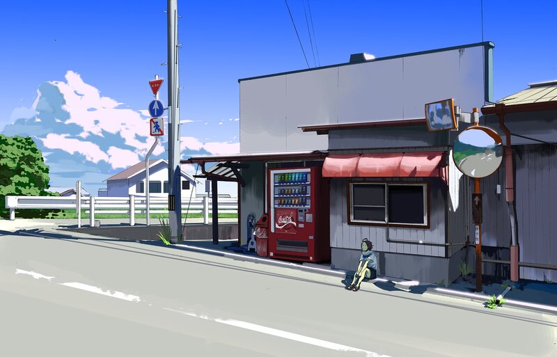 Anime street scene with vending machine