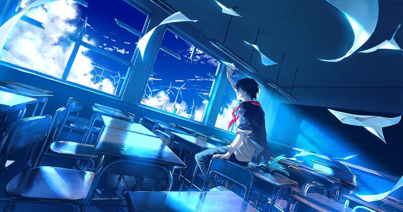 Anime Student in Classroom — Blue, Serene