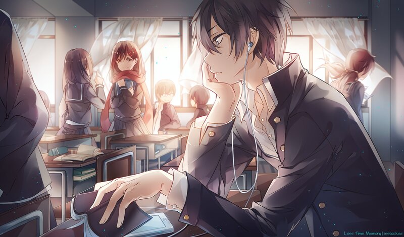 Anime Student in Classroom — Gray
