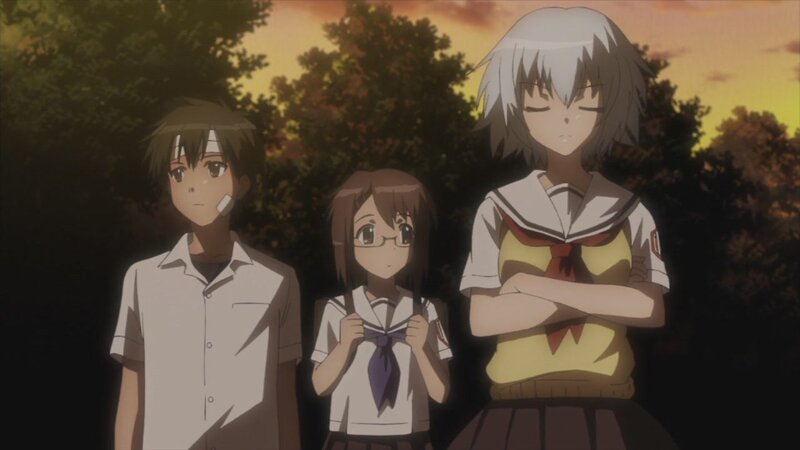 anime students at sunset