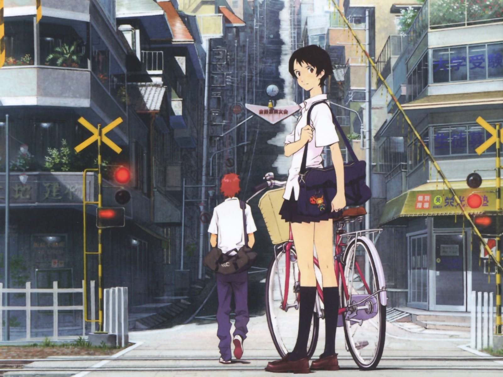 Anime students at train crossing