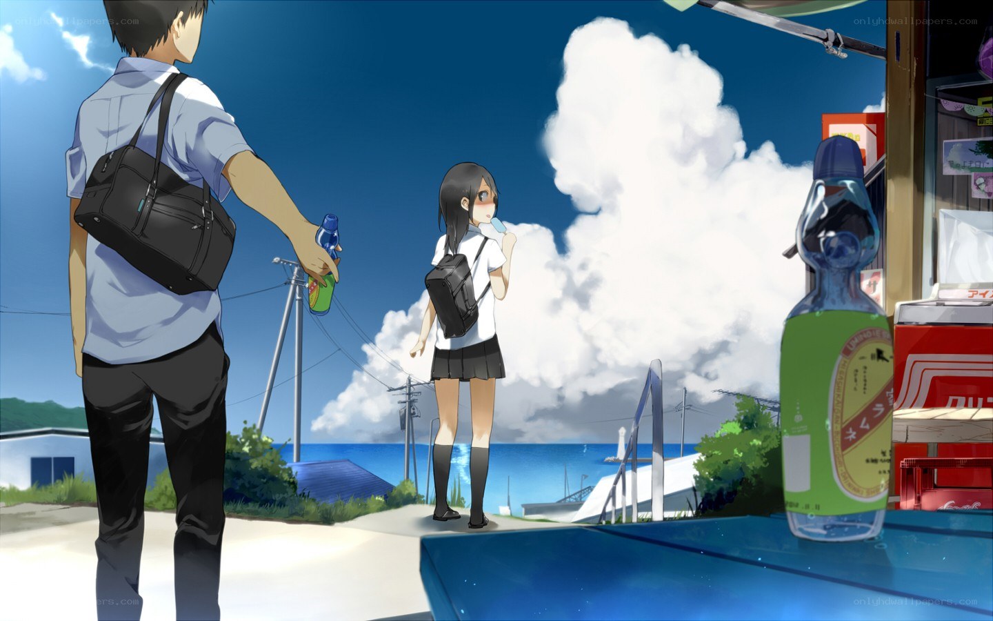 Anime students by the sea