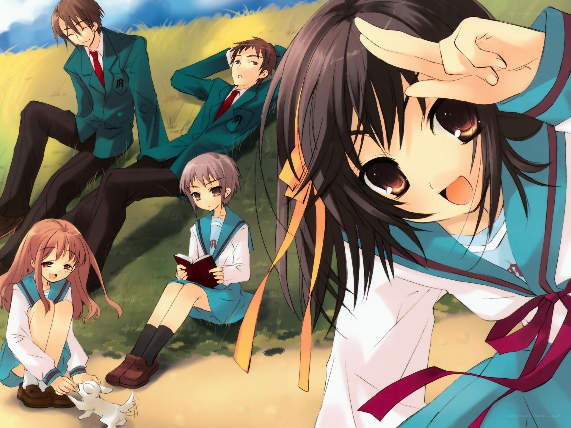 Anime students in a field
