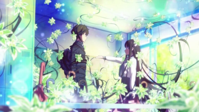 anime students in a flower-filled hallway