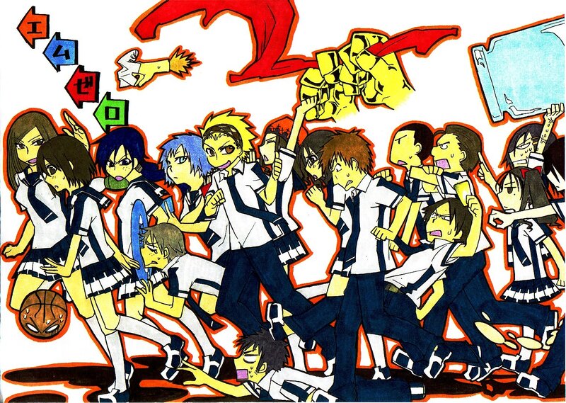 Anime students in chaotic rush