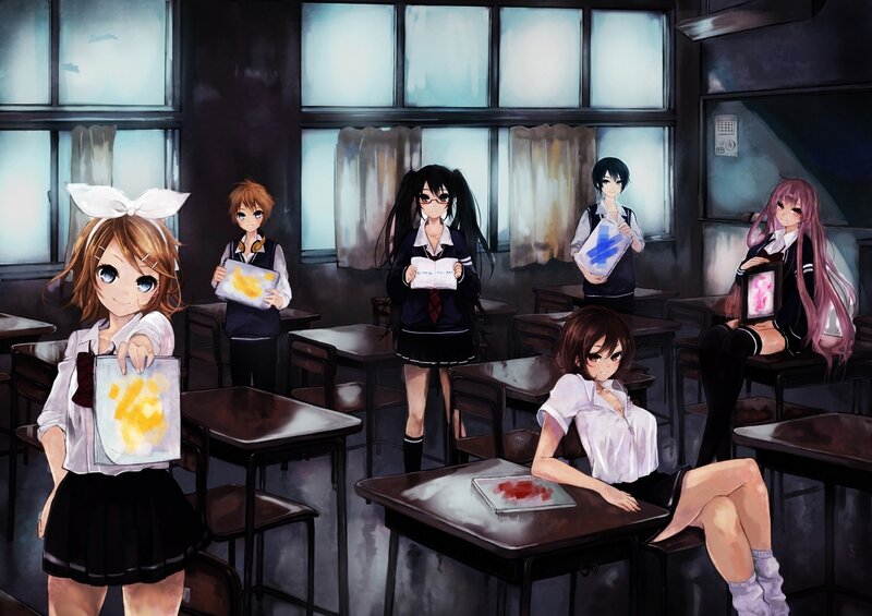 Anime Students in Classroom — Black, Dramatic, Night, Digital Art, School Desks