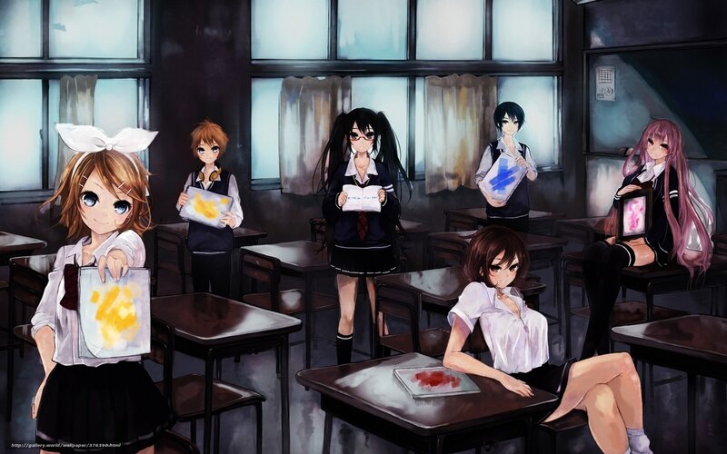 Anime Students in Classroom — Black, Dramatic, Night