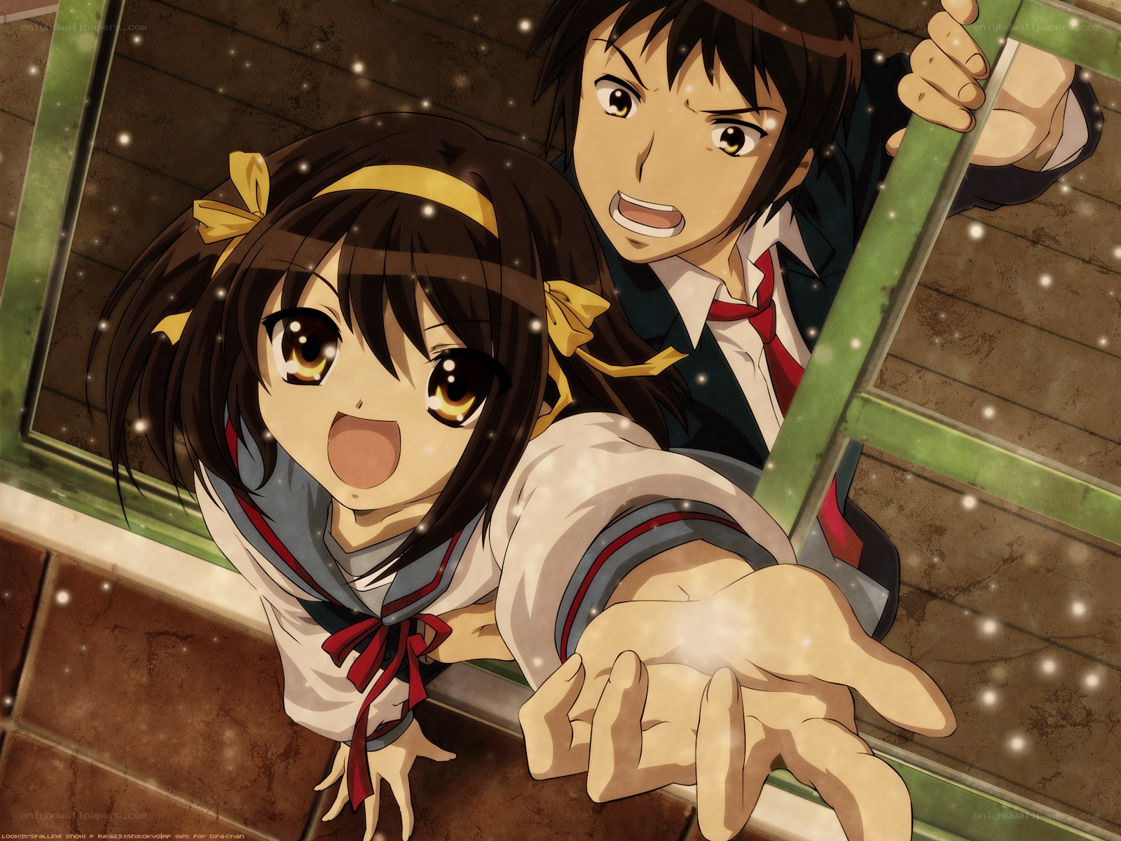 Anime students in snowy scene