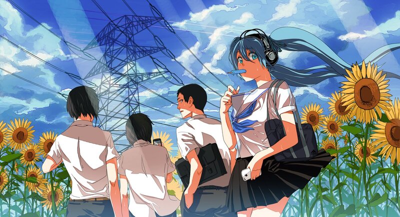 Anime students in sunflower field