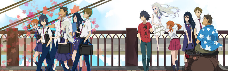 Anime students on a bridge