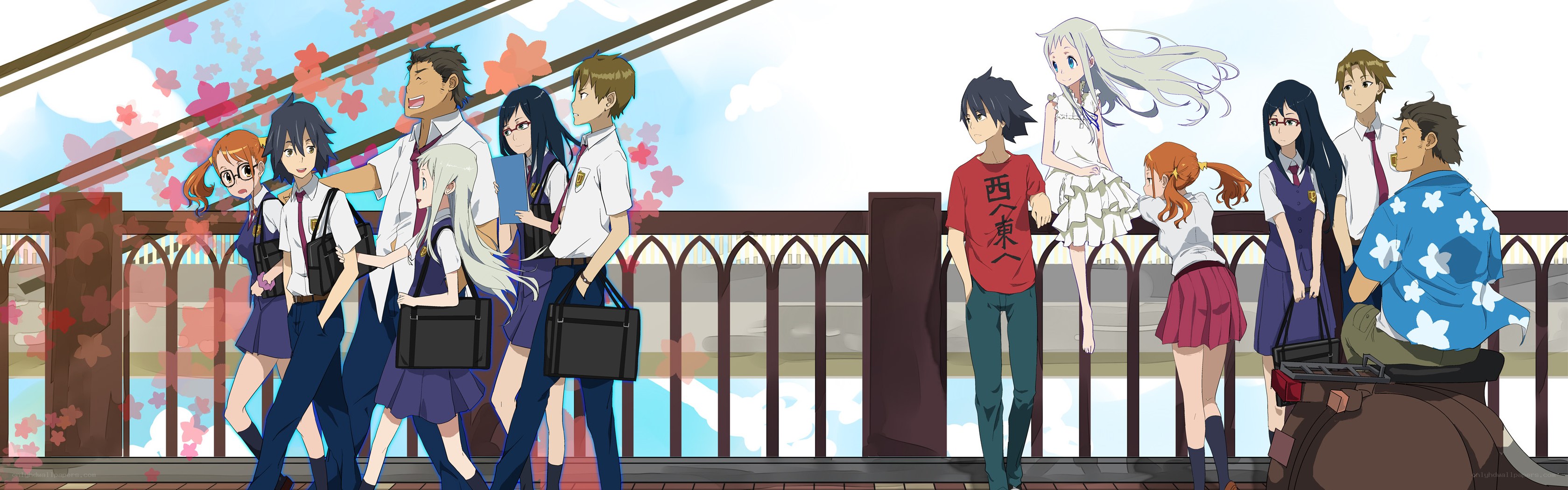Anime students on a bridge