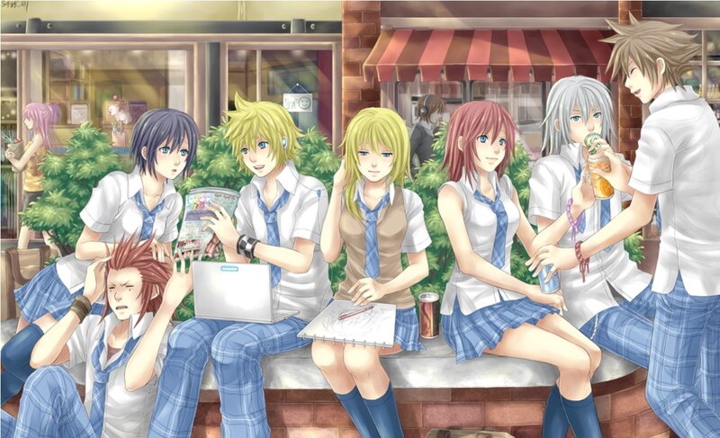 Anime Students on Bench — Blue