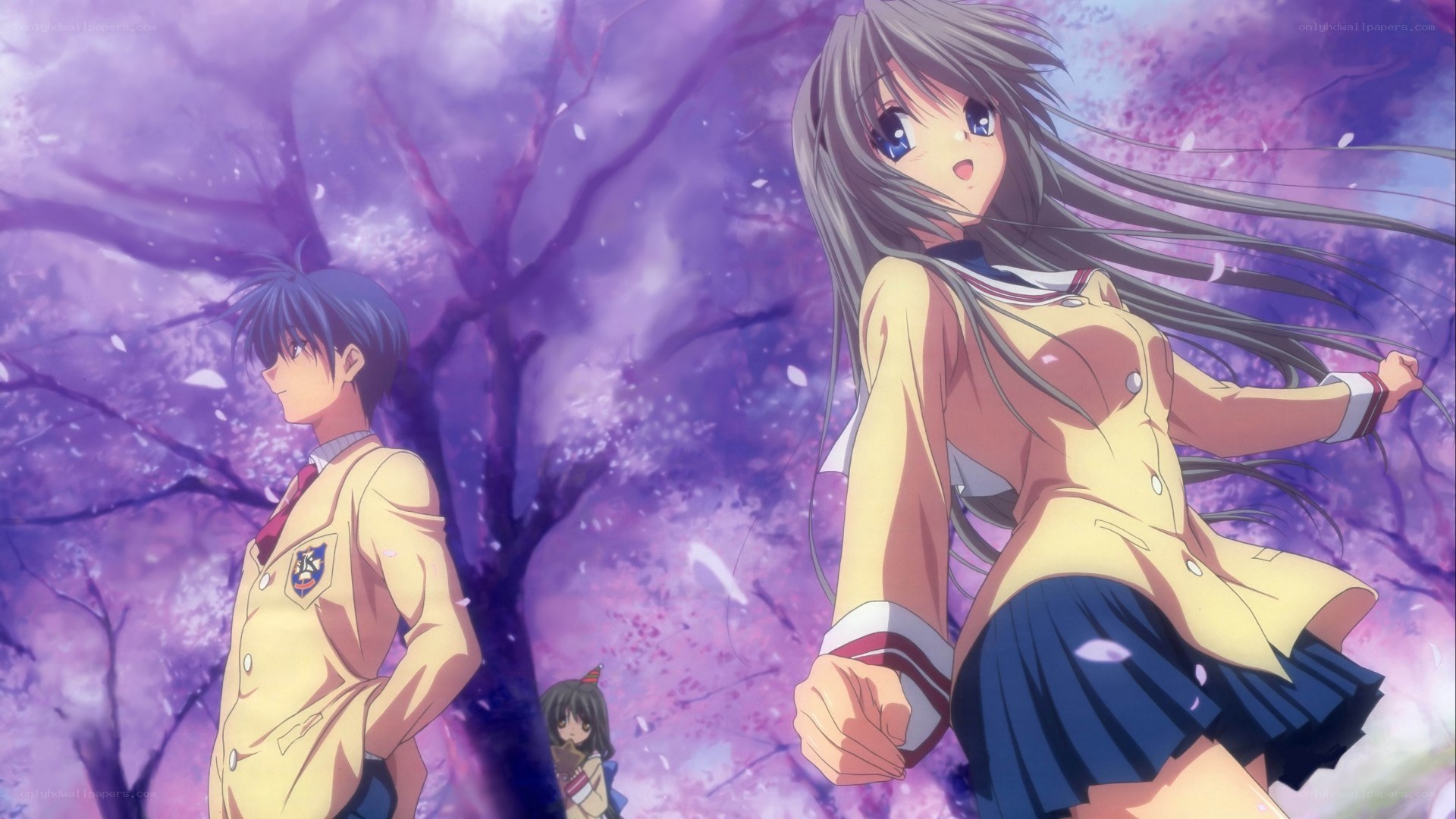 Anime students under cherry blossoms
