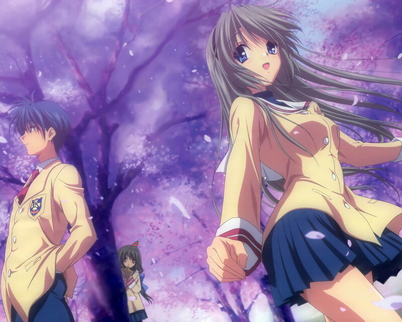 anime students under cherry blossoms