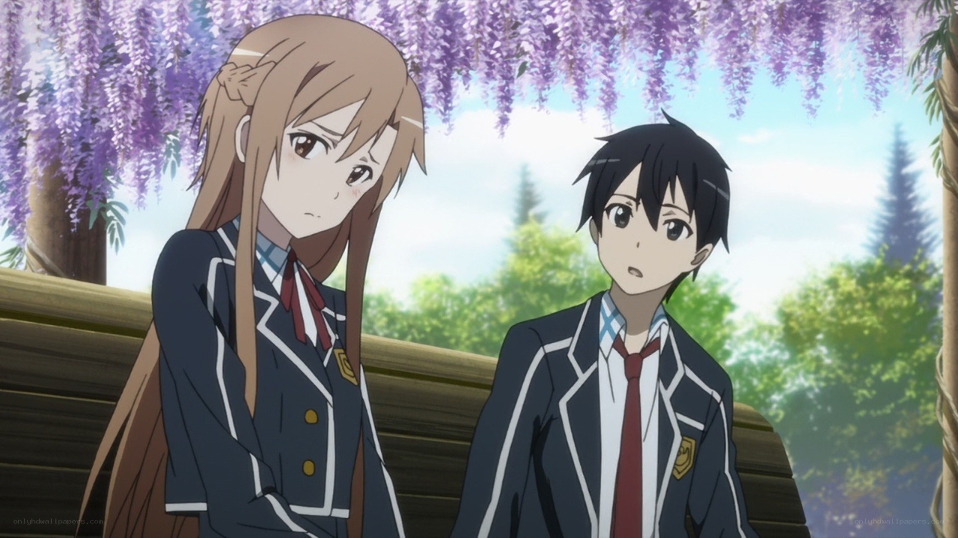 Anime students under wisteria