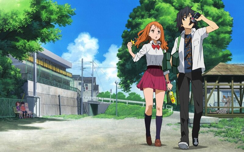 Anime students walking outside
