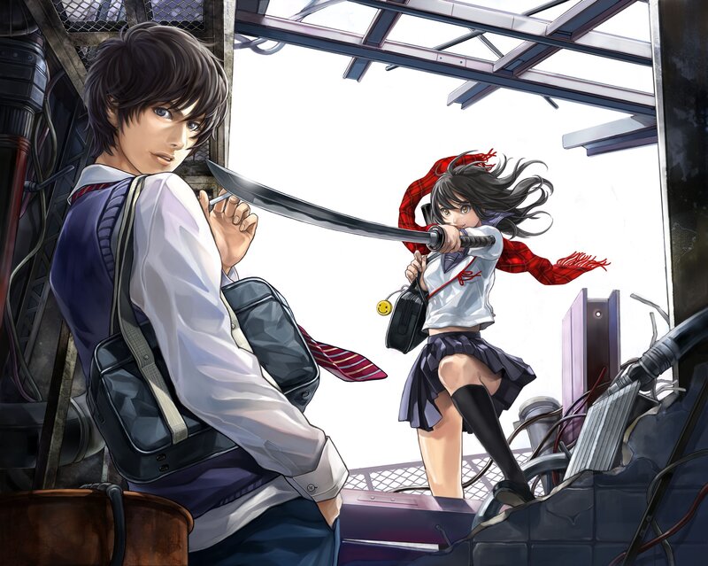 Anime students with swords