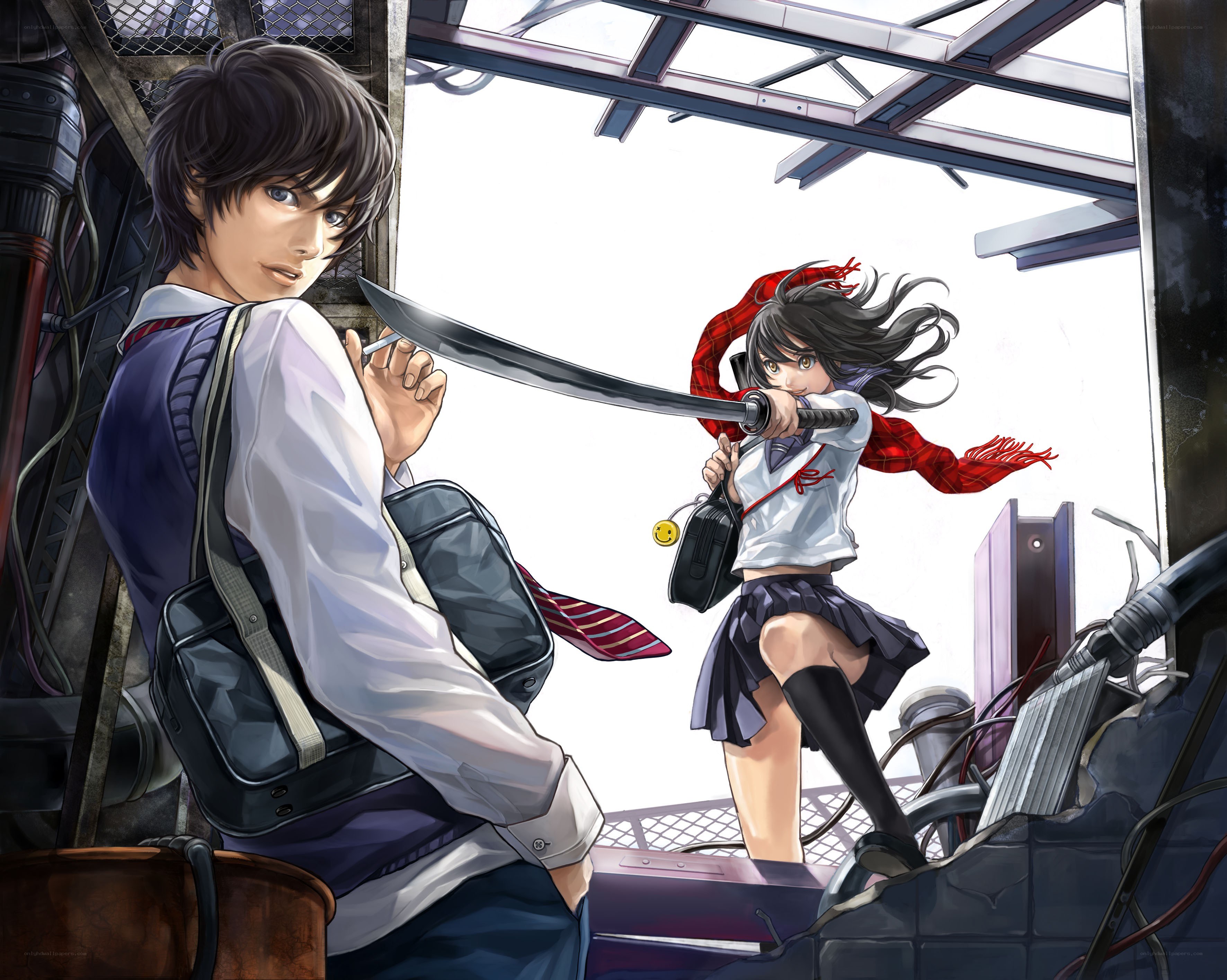 Anime students with swords