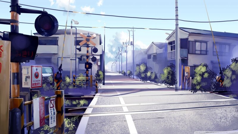 Anime-style railroad crossing scene