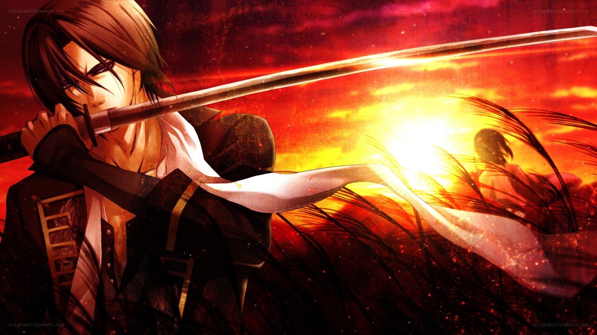Anime swordsman at sunset