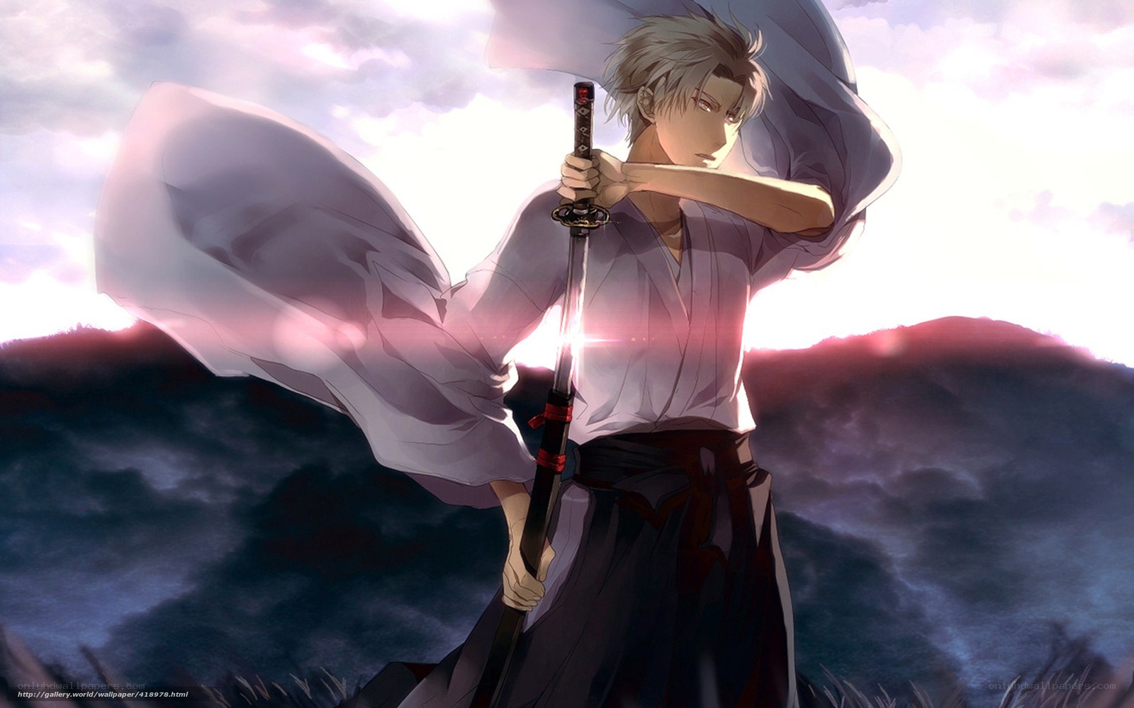 Anime swordsman at sunset