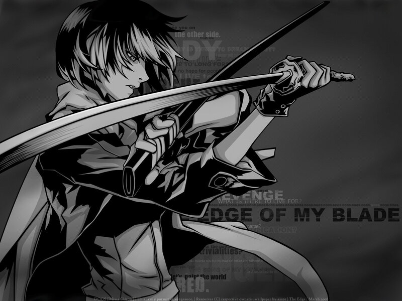 anime swordsman in black and white