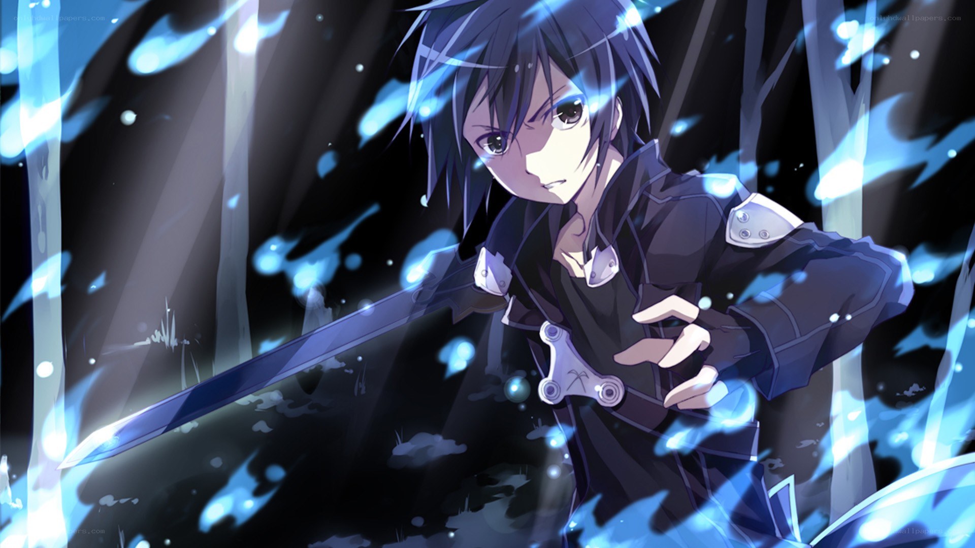 anime swordsman in blue light