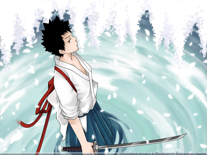 anime swordsman in cherry blossoms