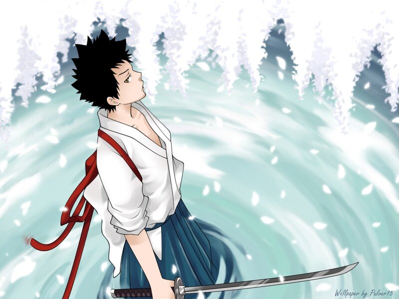 anime swordsman in cherry blossoms
