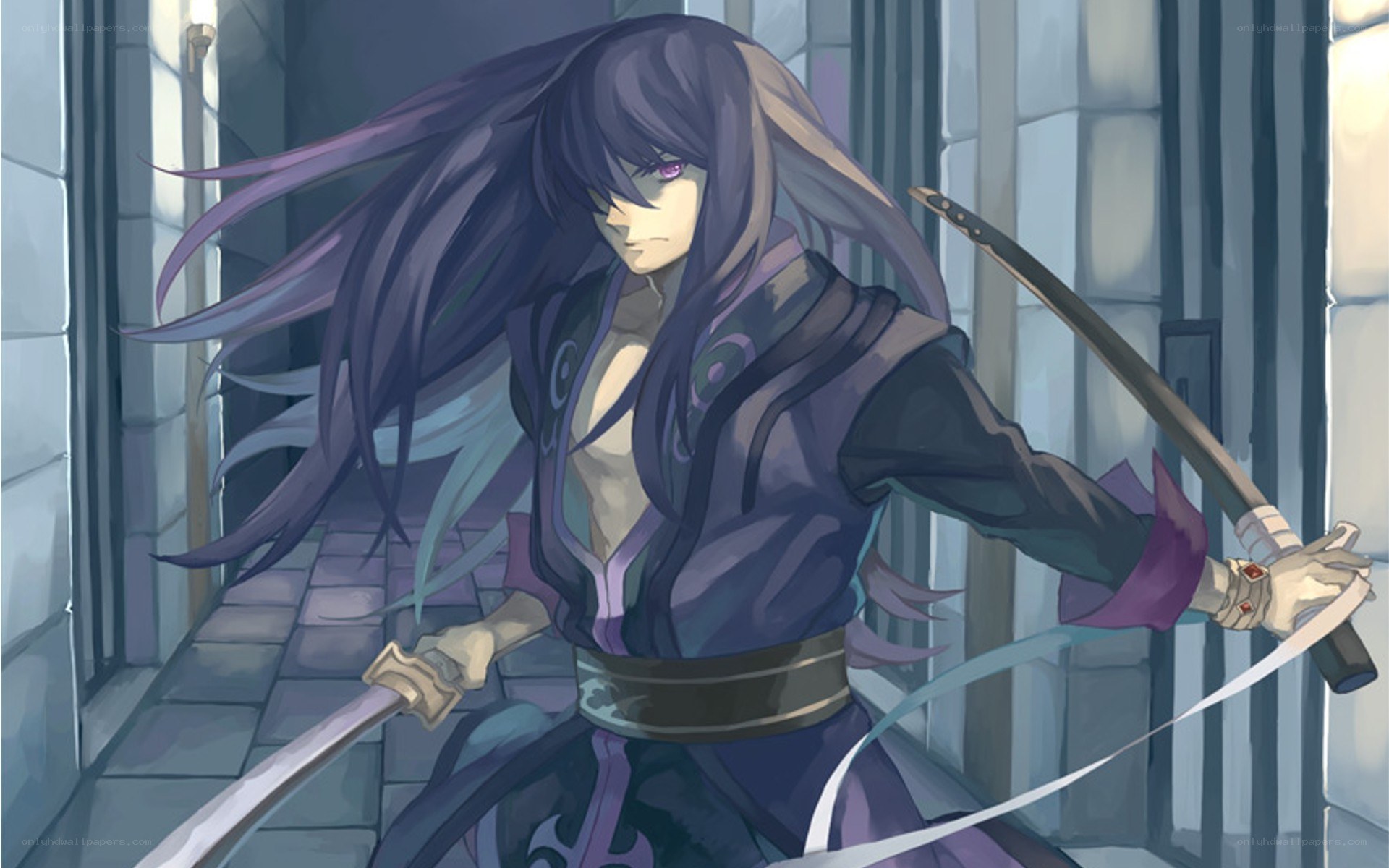anime swordsman in corridor