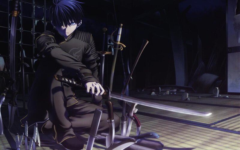 anime swordsman in dark room