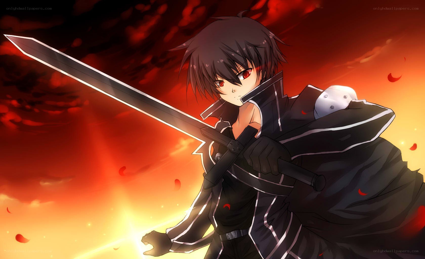anime swordsman in fiery sky