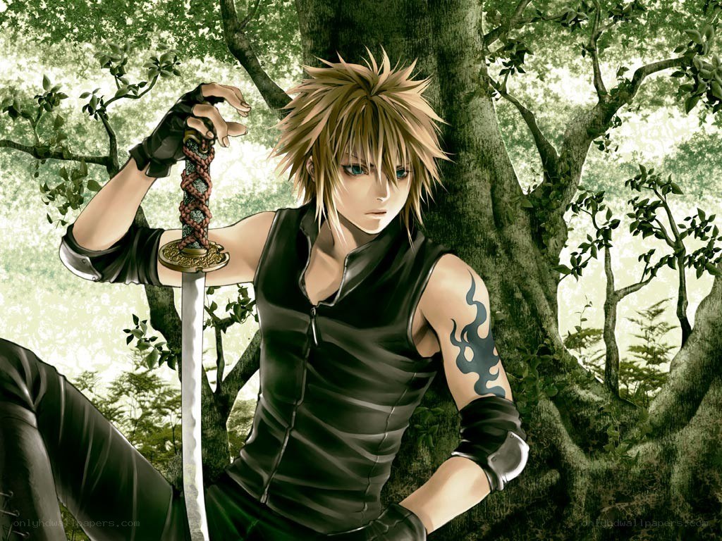 Anime swordsman in forest