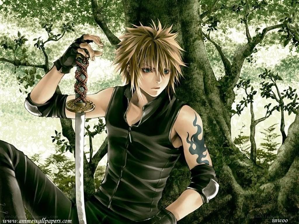 Anime swordsman in forest